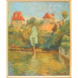Paesaggio con case, olio su tela firmato Roger Ambroise La Pont '53 cm. 46x54