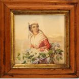 Giovane donna con cesto di lillà, scuola Italiana dell'800, acquerello su carta, cm. 17x17