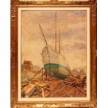 Cantieri Navali di Viareggio, olio su faesite, firmato Bresciani da Gazoldo? 1938, cm. 58x78,