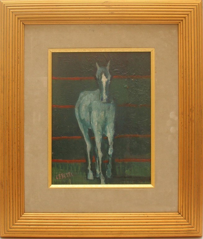 Cavallo, olio su faesite, cm. 22x29, con scritta Cesetti