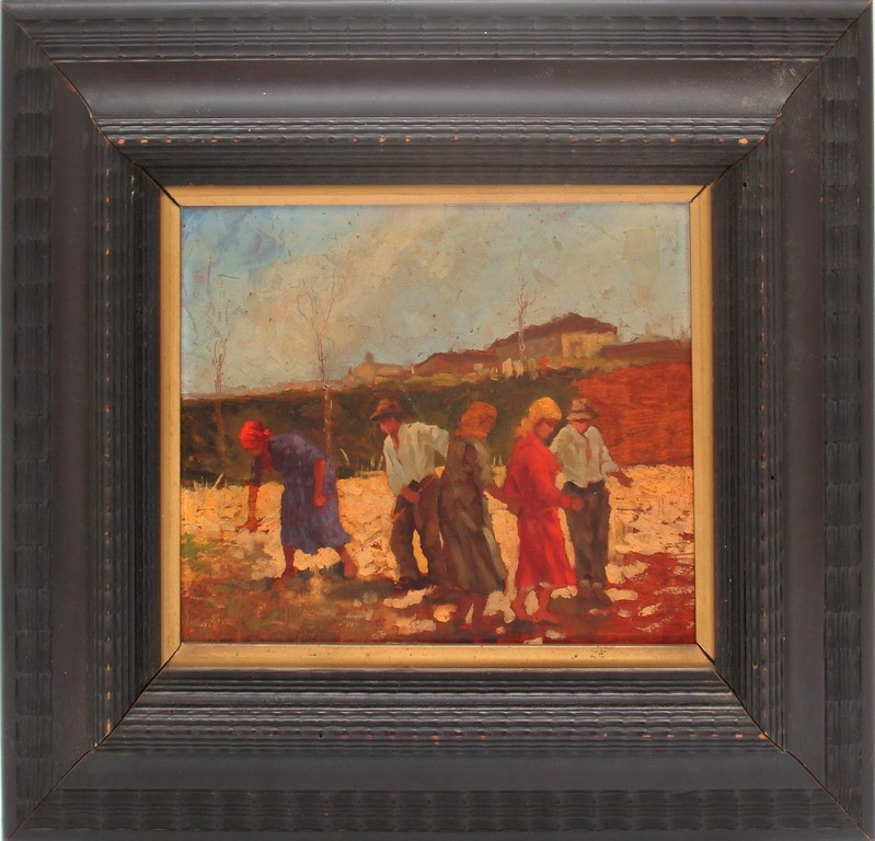 Lavoro nei campi, olio su tavoletta incompiuto , cm. 47x41 scuola italiana dell '800 cornice coeva