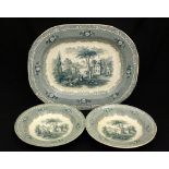 Piatto da portata e due piatti fondi decorati a paesaggio monocromo in ceramica Italia 1880 circa