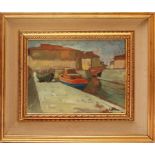 Paesaggio con barche olio su tavoletta, con scritta R. Natali?, cm. 40x30