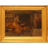 Vicino al fuoco, olio su faesite pittore del XX secolo con scritta A. Milesi 1893 cm. 44x30