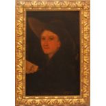 Ritratto di donna con cappello, olio su faesite attribuibile a D. Pesenti, cm. 38x59