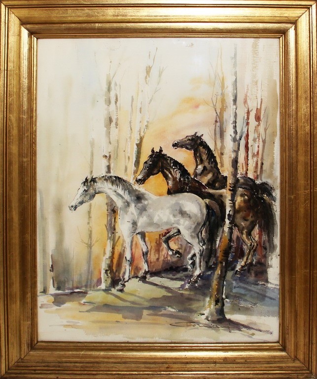 Cavalli, acquerello su carta cm. 46x59, firmato Ario Corniani