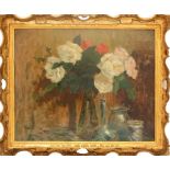 Vaso con rose, olio su cartoncino firmato in basso a sinistra. Cm. 49x46 primi '900 cornice coeva