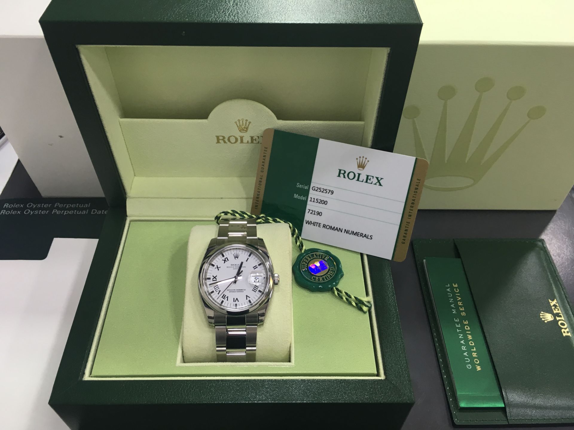 BRAND NEW ROLEX OYSTER PERPETUAL DATE 34 WHITE ROMAN NUMBERALS MODEL 115200 *NO VAT ON HAMMER PRICE*