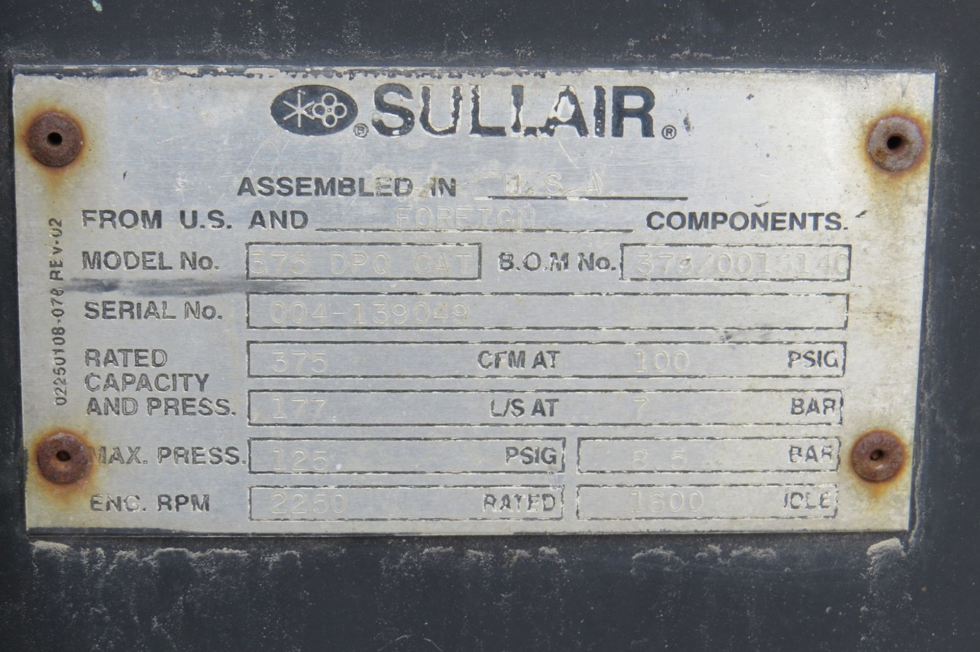 Sullair Model 375DPQ CAT Portable Industrial Air Compressor, SN# 004139049, Caterpillar 4-Cylinder - Image 3 of 8