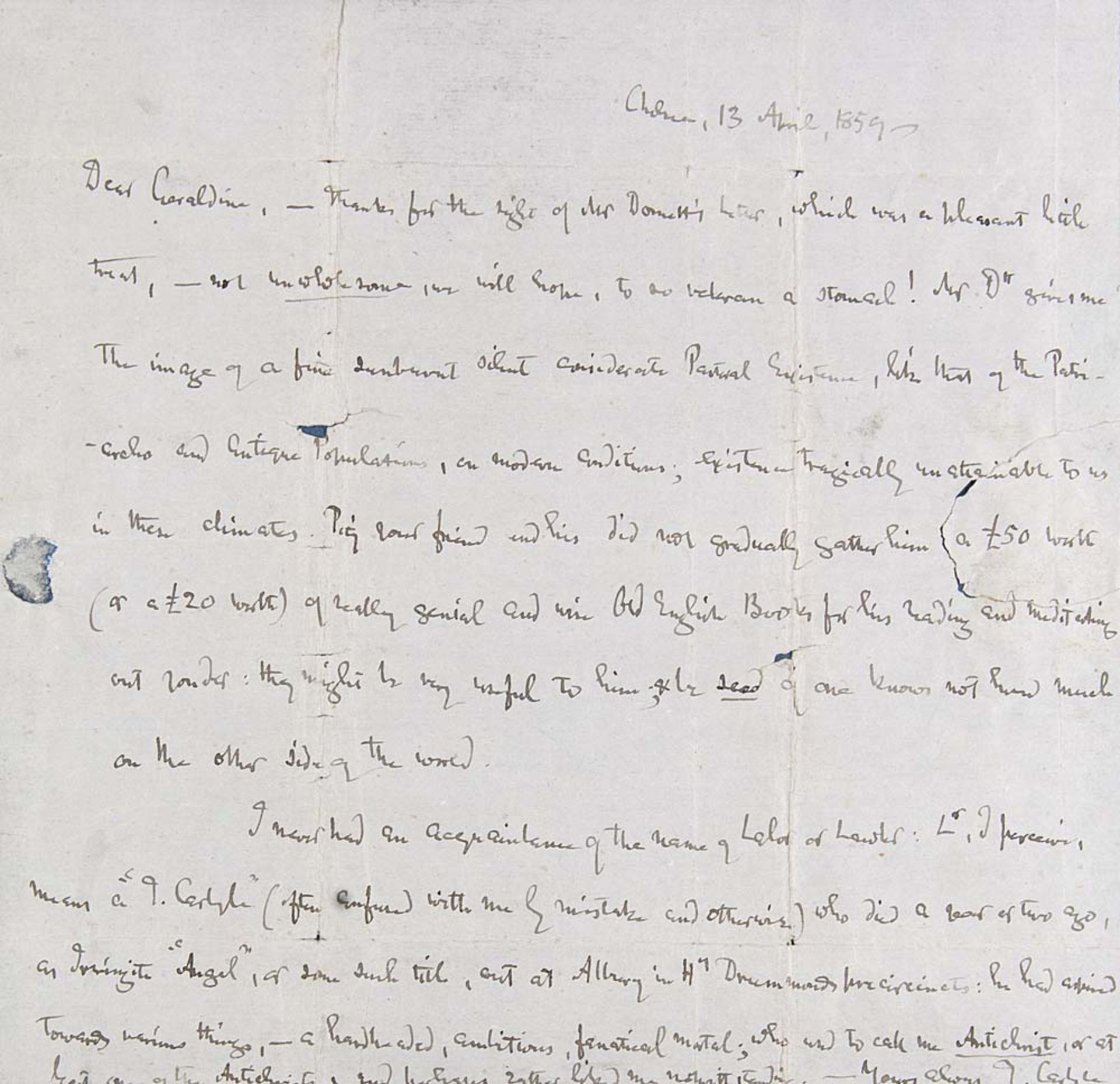 Eigenhändiger Brief von Thomas Carlyle an Miss Geraldine Jewsbury. Signiert und datiert Chelsea, 13.