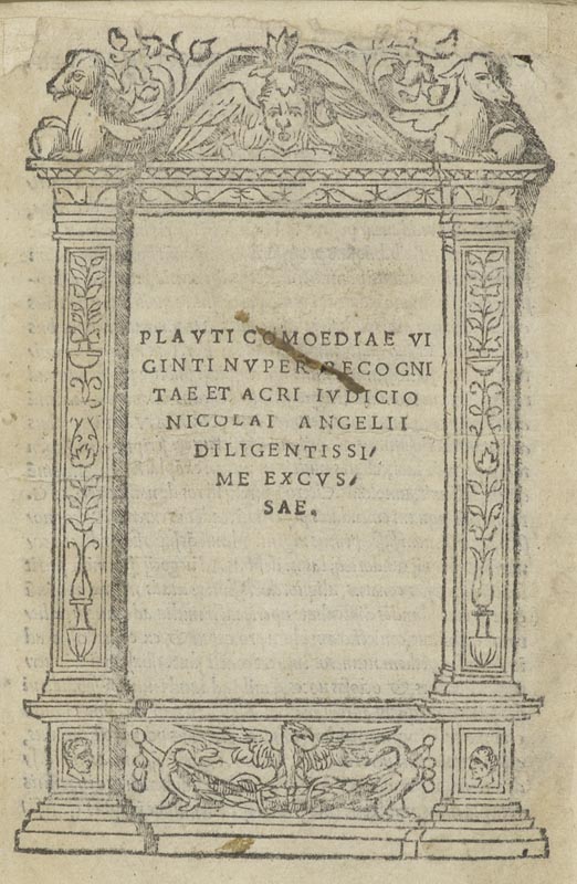 Plautus, Titus Maccius. Comoediae viginti nuper recognitae (...) iudicio Nicolai Angelii (...).