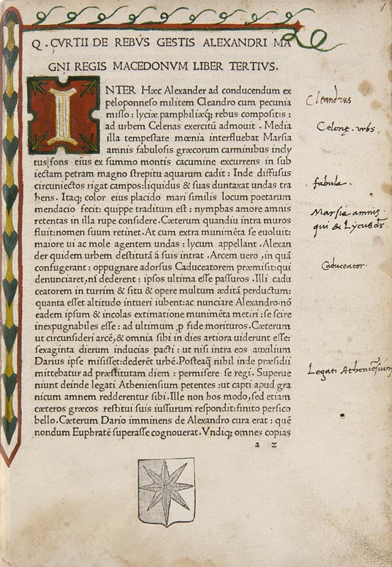 Inkunabeln - - Curtius Rufus, Quintus. Historiae Alexandri Magni. Mit 4 mehrfarbigen eingemalten