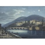 Baden-Württemberg - - Ansicht von Heidelberg im Mondschein. Gouachierte Radierung. Um 1850. Unter