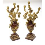 Pair of Louis XVI style Rouge Marble Candelabra 19th c.; fine pair of ormolu mounted rouge marble