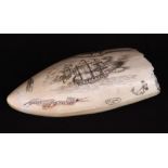 Scrimshaw Whale Tooth of Shannon "Don't give up the ship", Chesapeake dated, 1975, M. Cohen. 6" From