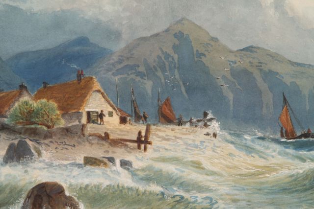 19th c English Maritime Watercolor depicting a Cottage by the Sea. Watercolor. Signed "J. - Image 3 of 6