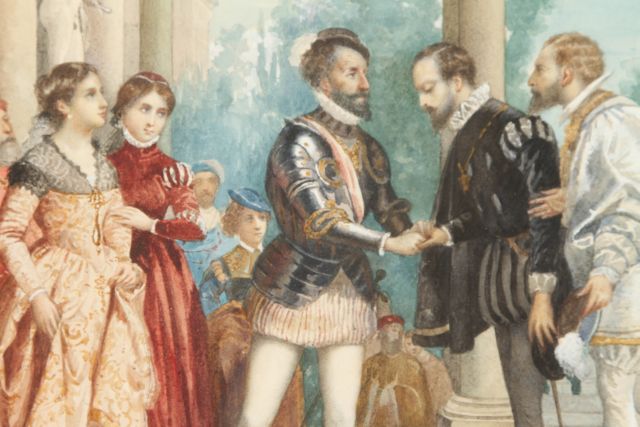 G. Riva (Italian, 19th century) "Javal Being Received by Duke of Savoy". Watercolor. Unsigned, - Image 4 of 4