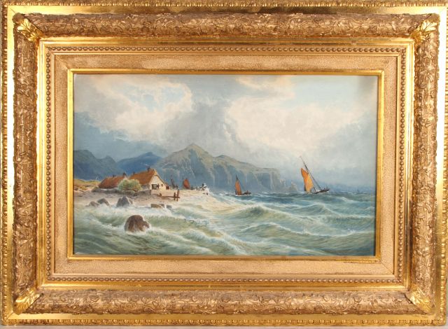 19th c English Maritime Watercolor depicting a Cottage by the Sea. Watercolor. Signed "J.