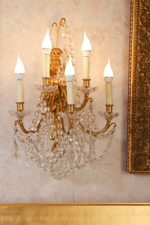 Set of Four 20th C Ormolu and Crystal Sconces Louis XVI Style. 25"h x 17" w Good condition - Image 3 of 4