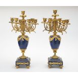 Pair of 19th c Louis XVI style Lapis Candelabra fine ormolu mounted lapis seven light candelabra,.