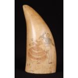 19th c Scrimshaw Whale Tooth of a dancing couple with rear of a schooner. 5"l From a Massachusetts