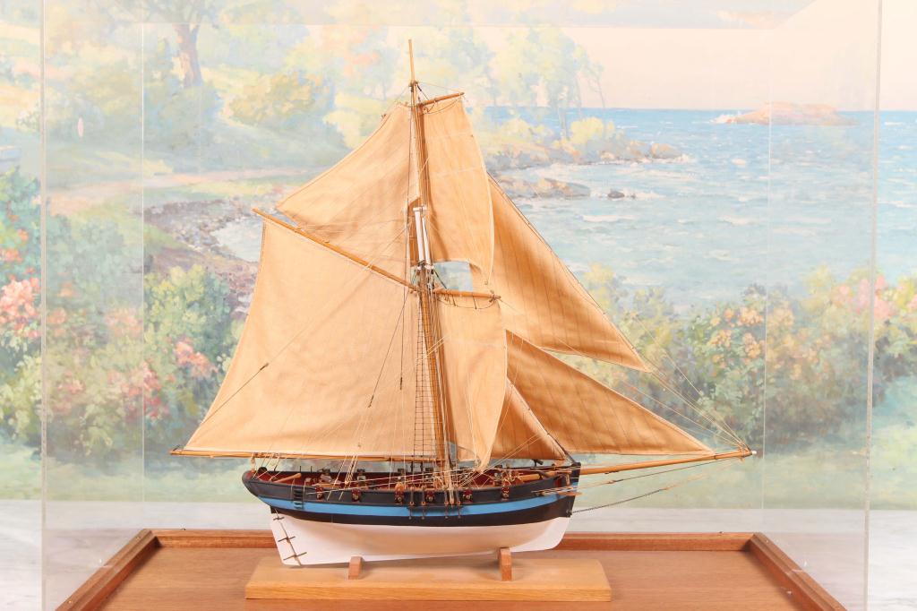 Single Masted 20th c Ship Model in plexiglass case with full sails. Good - Image 6 of 6