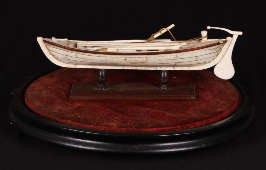 19th c Bone Model of a long boat. 10" L Good