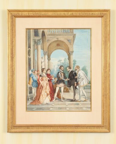 G. Riva (Italian, 19th century) "Javal Being Received by Duke of Savoy". Watercolor. Unsigned, - Image 3 of 4