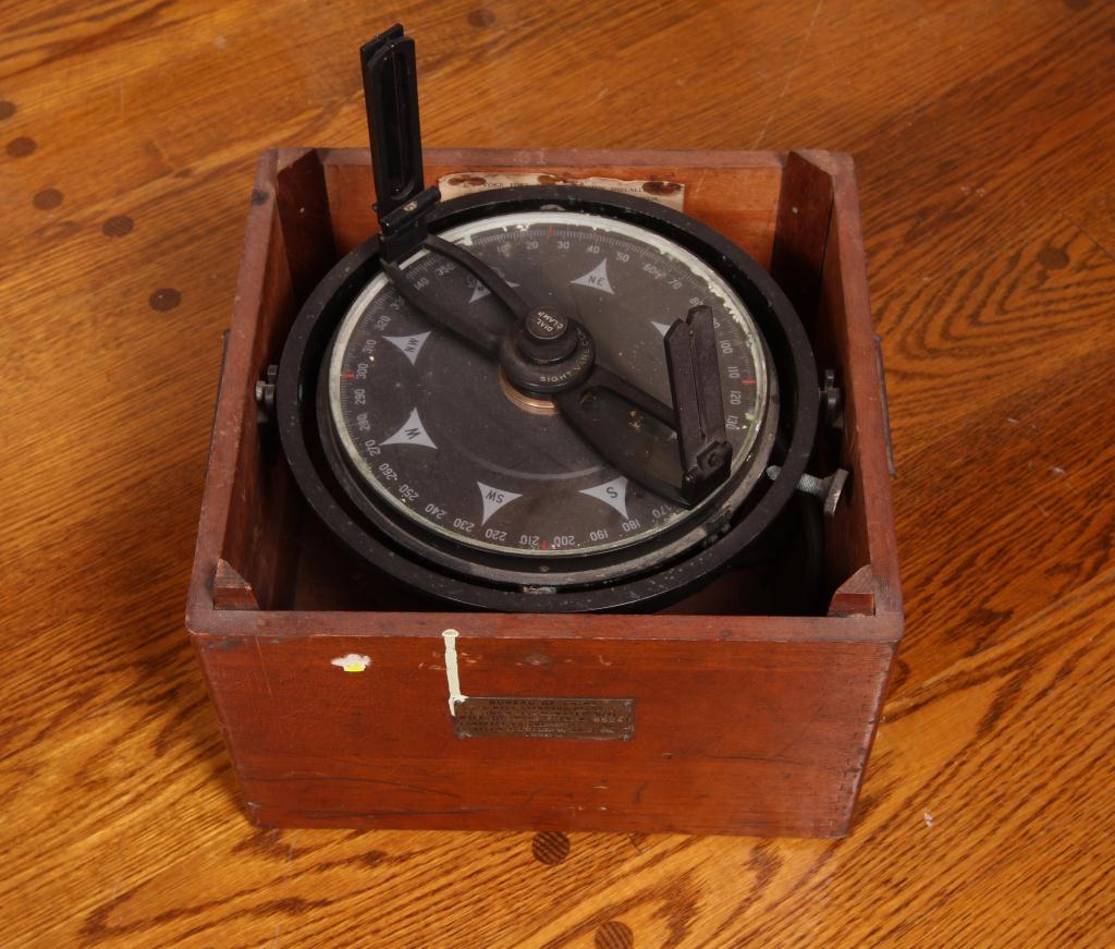 Ship's Compass in wooden box with Boston label missing cover