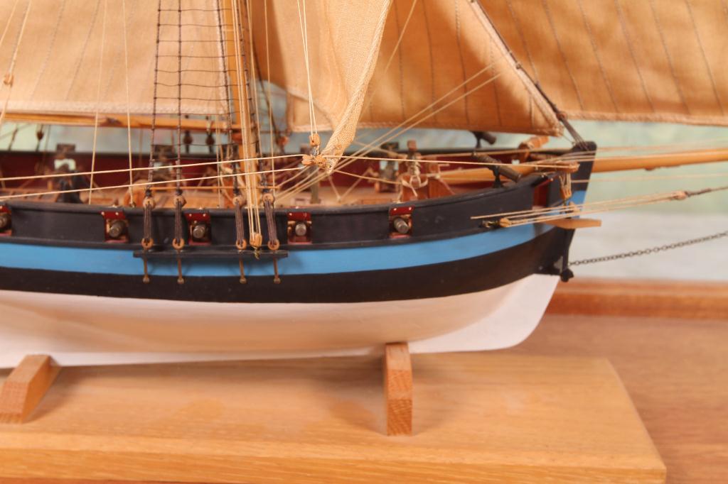 Single Masted 20th c Ship Model in plexiglass case with full sails. Good - Image 2 of 6