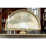 19th c French Mother of Pearl Fan mop and silk fan housed in a custom embossed frame. 14"h x 21" w