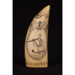 20th c Faux Scrimshaw Whale Tooth reproduction. 4". From a Massachusetts collection originating in