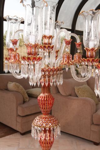 Pair of 20th C Bohemian Style Glass Torchieres of gilt decorated clear and ruby colored glass. 65" - Image 5 of 7
