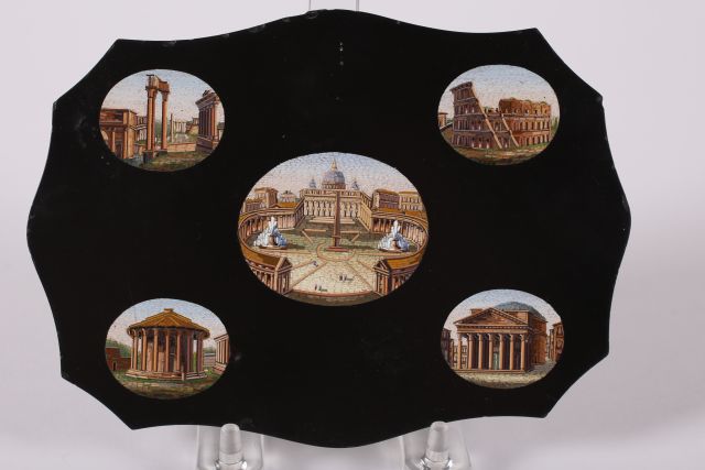 Italian Micromosiaic Grand Tour Onyx Tile 19th c.; set with five micro mosaic scenes of Rome. 5" x