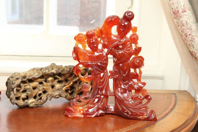 Late 19th c Rare Chinese Jade Stone Carving 8"h Original carved hardwood stand, good condition, no - Image 4 of 4