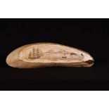 20th c Scrimshaw Whale Bone Fragment scene of whaling ships in harbor with whales. 8"