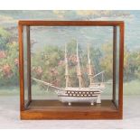 French 18th c Style Bone Ship Model 20th c.; Man of War with 30 cannons in glass case. 13"h x 18" l