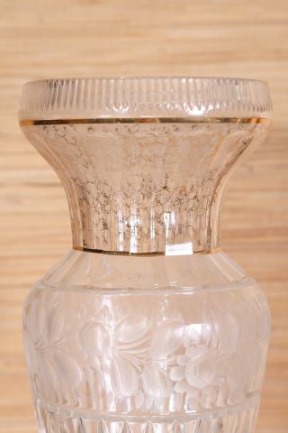 Fine Val St. Lambert Glass Vase with gilt decoration, etched floral bands and fluted body. 17"h good - Image 2 of 3