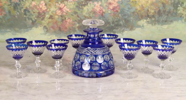 Cut to Clear Cobalt Decanter Set twelve goblets and decanter. Decanter: 8"h