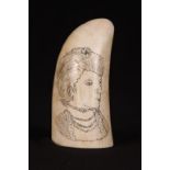 C1940 Scrimshaw Whale Tooth of Victorian lady and palm tree en verso. 4"l