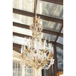 C1850 French Louis Philippe Chandelier bronze birdcage style with beaded crystal swags and crown.