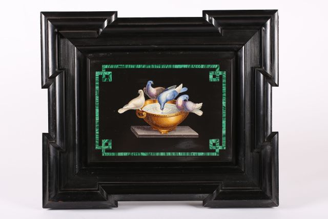 Fine 19th c Roman Micro Mosaic Plaque depicting the birds of pliny with border of malachite in it'