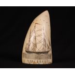 Late 19th c Scrimshaw Whale Tooth of American ship Staghound. 5"l From a Massachusetts collection