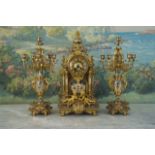 Late 19th c French Three Piece Clock Garniture in ormolu and champlevé enamel, retailed by Shreve,