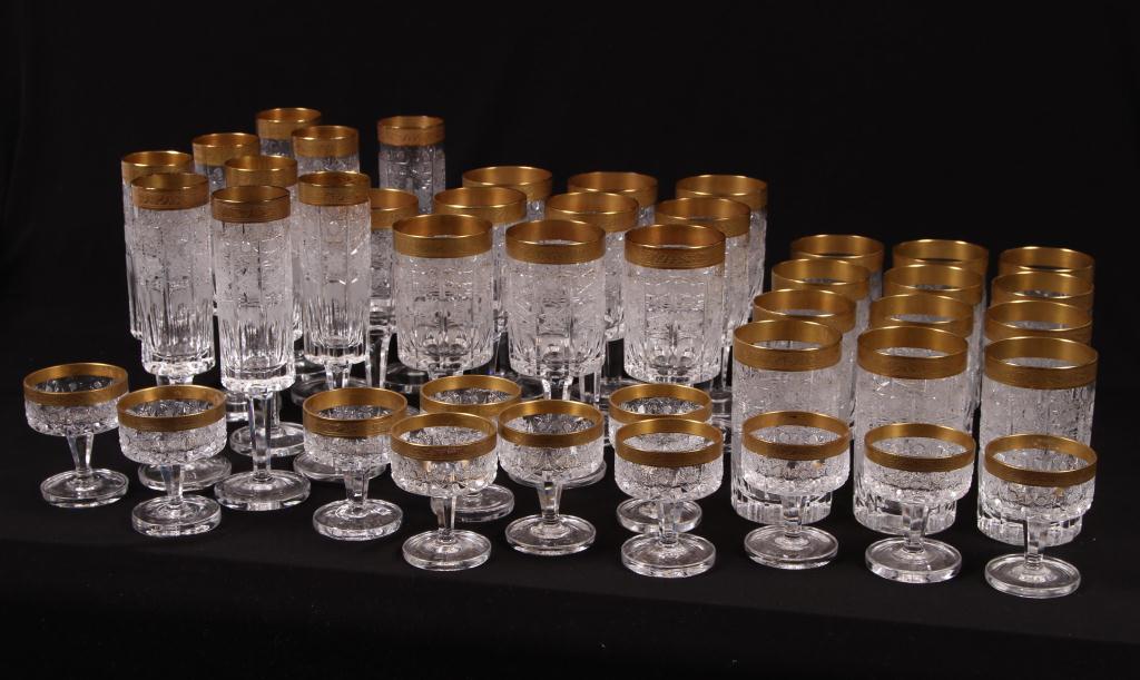 Set of Fine Gold Rim Cut Glass Including 10 wines, 12 water, 9 champagne, 11 aperitif Good