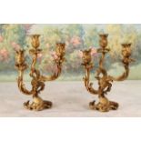 Pair of 19th C French Bronze Candelabra c. 1890, Rococco style gilt bronze with three lights. 11"h