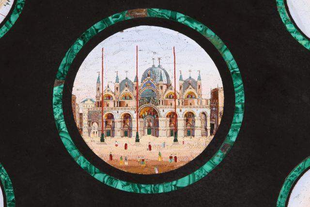 19th c Architectural Grand Tour Center Table Important with circular top of micro Mosaic scenes of - Image 6 of 12