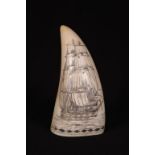 20th c Scrimshaw Whale Tooth of schooner at sail. 6"From a Massachusetts collection originating in
