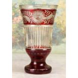 Cut to Clear Cranberry Vase with cut decoration. 11 1/4"h