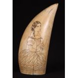 19th c Scrimshaw Whale Tooth of maiden with rose. 6"l From a Massachusetts collection originating in